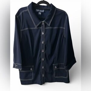Susan Gravers 2X Petite Navy Button-Up 3/4 Sleeve Blouse with White Stitching